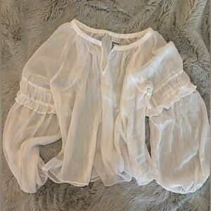 A new day white, gold, silver ruffle sheer blouse
